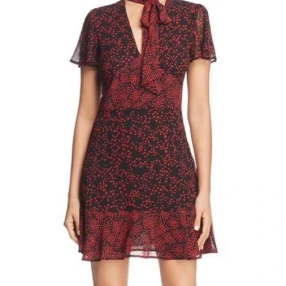 Michael Kors Red and Black Stars Chiffon Mini Dress tight bow detail size S